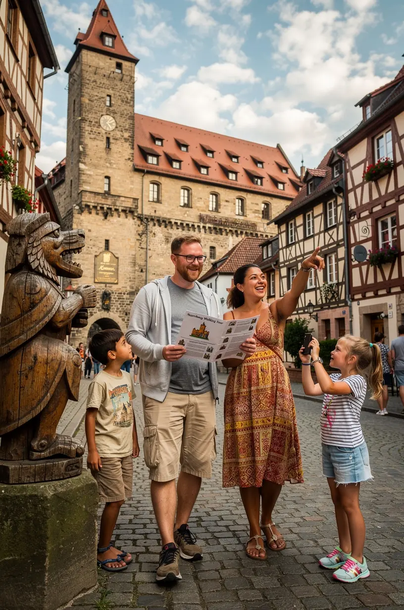 Touristen folgen einem professionellen Stadtführer durch ein bedeutendes Denkmalviertel in einer deutschen Großstadt.
